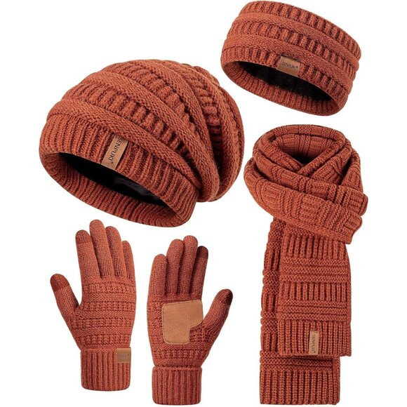 Women Winter Beanie Scarf Gloves Headband Set Knit Warm 4 Piece Gift Dark Orange - Picture 1 of 7